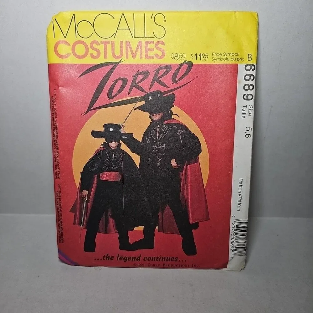 6689 UNCUT Vintage McCalls Sewing Pattern Boys Men Halloween ZORRO Costume CAPE